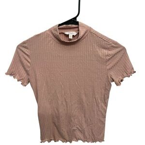 Candie’s Light Pink Ribbed Mock Neck Lettuce Edge Top